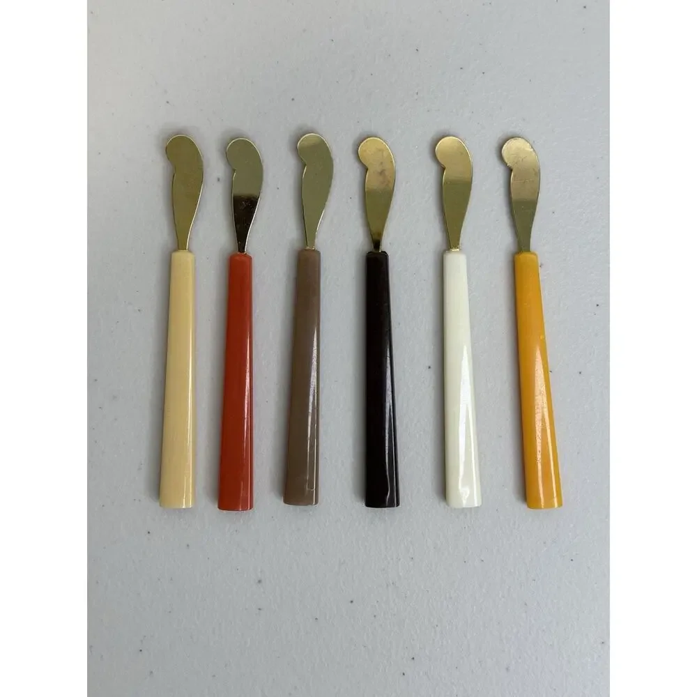 6 MCM Lucite Utensil Cheese Spreaders Bakelite Handles Gold Tone Stainless Steel